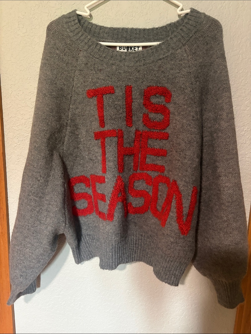 BUCKETLIST Gray Crewneck Sweater with Red 'TIS THE SEASON Text